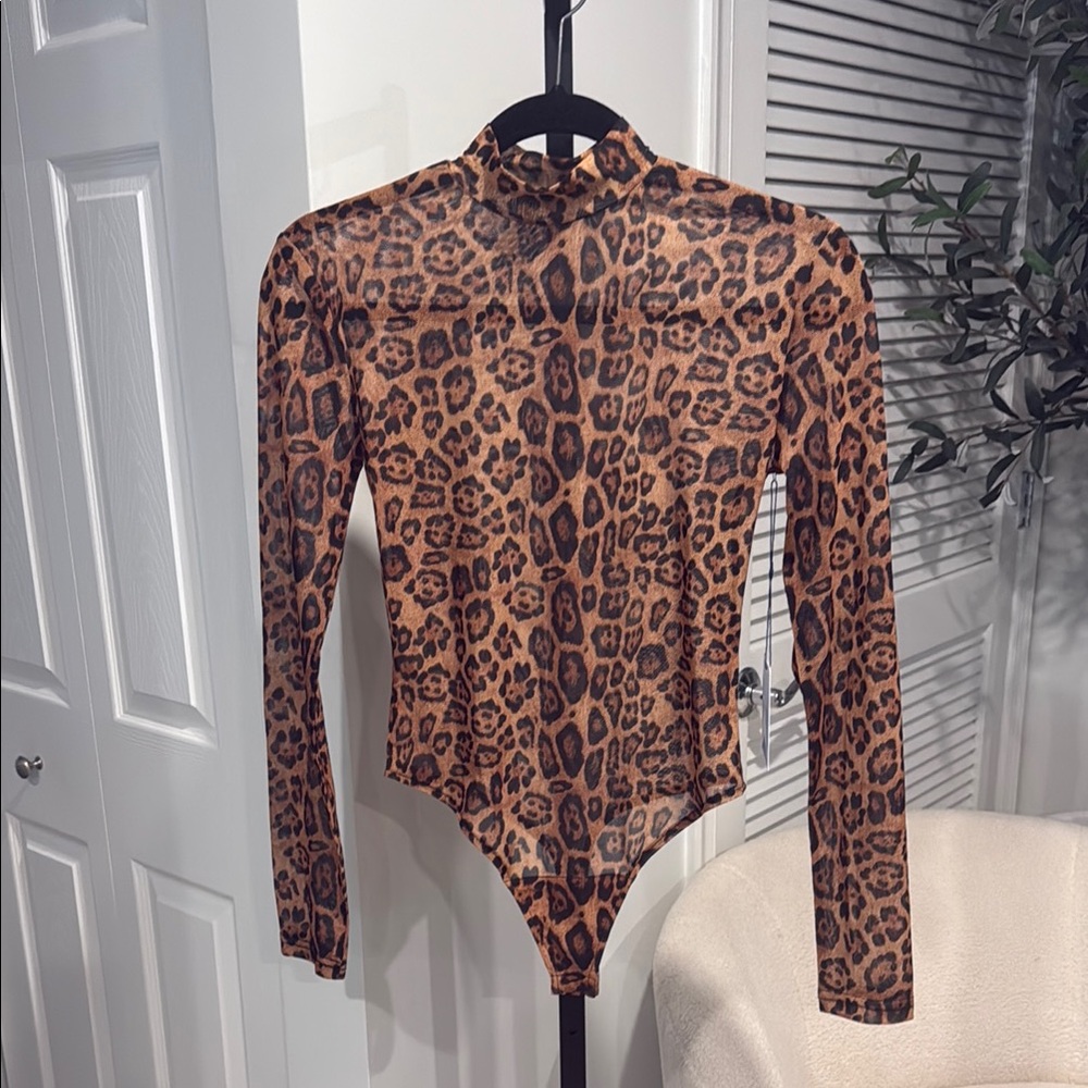 MAJORELLE Leopard Print Long Sleeve Bodysuit in Brown